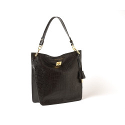 Kentucky Romy, petit sac porté épaule bimatière cuir lisse et grain croco noir