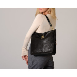 Kentucky Romy, petit sac porté épaule bimatière cuir lisse et grain croco noir