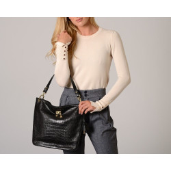 Kentucky Romy, petit sac porté épaule bimatière cuir lisse et grain croco noir