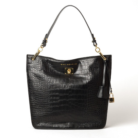Kentucky Romy, petit sac porté épaule bimatière cuir lisse et grain croco noir
