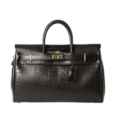 PYLA ROMY, grand sac à main bimatière cuir lisse et grain croco noir