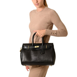 PYLA ROMY, petit sac à main bimatière cuir lisse et grain croco noir