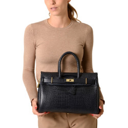 PYLA ROMY, petit sac à main cuir façon croco bleu nuit